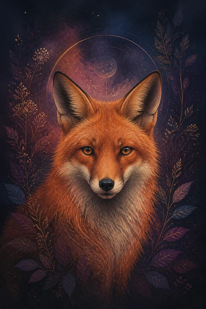 Illustrated fox moving through moonlit foliage in Lunara’s indigo, teal, and antique-gold style.