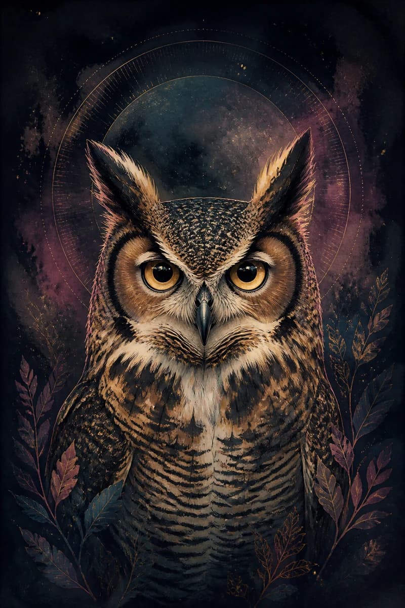 Illustrated owl beneath a moonlit arch in Lunara’s indigo, teal, and antique-gold style.