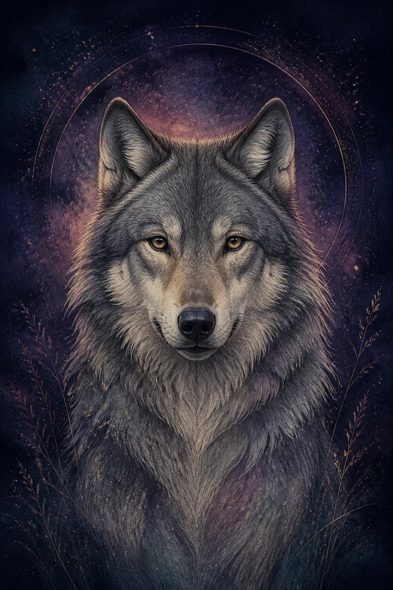 Illustrated wolf beneath stars and a crescent moon in Lunara’s indigo and antique-gold style.